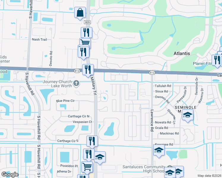 map of restaurants, bars, coffee shops, grocery stores, and more near 6130 North Ironwood Lane in Lake Worth