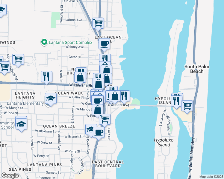 map of restaurants, bars, coffee shops, grocery stores, and more near 211 North Lake Drive in Lantana