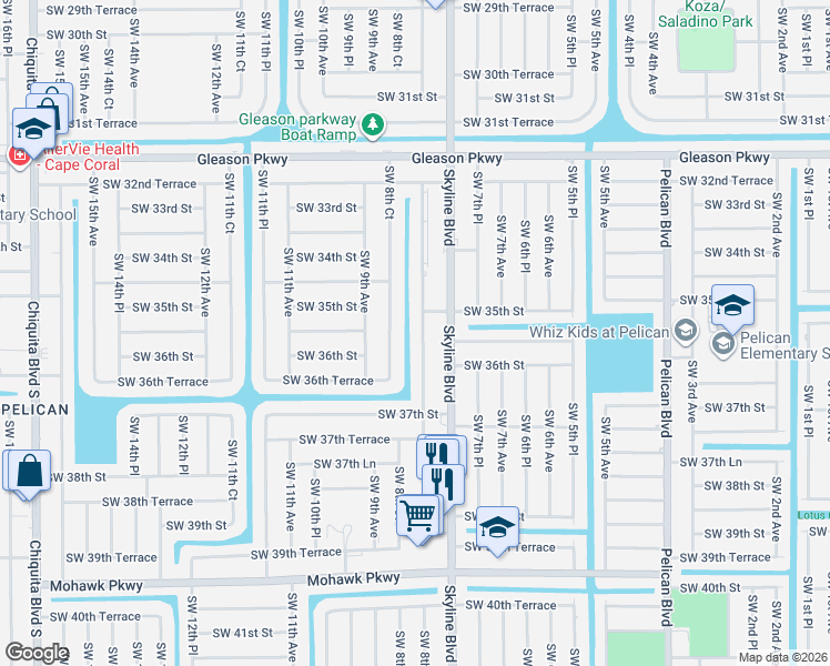 map of restaurants, bars, coffee shops, grocery stores, and more near 3519 Southwest 8th Place in Cape Coral