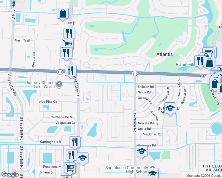 map of restaurants, bars, coffee shops, grocery stores, and more near 6131 North Ficus Lane in Lake Worth