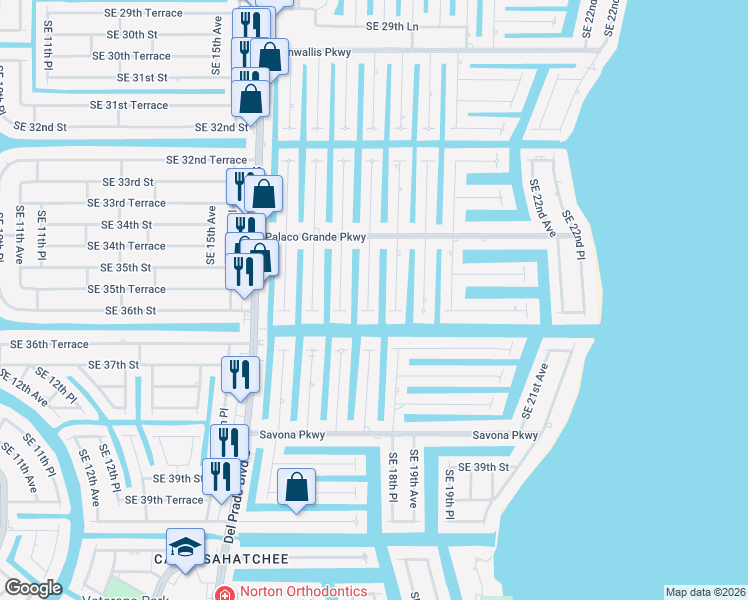 map of restaurants, bars, coffee shops, grocery stores, and more near 3522 Southeast 18th Avenue in Cape Coral