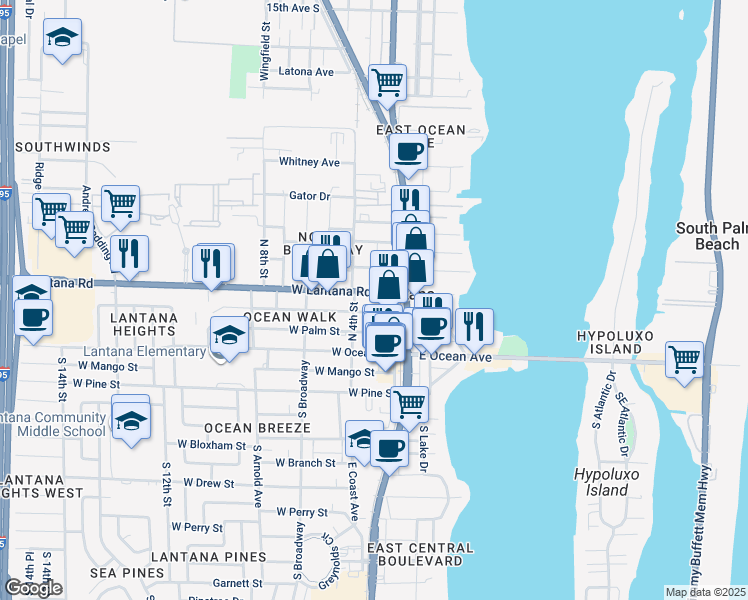 map of restaurants, bars, coffee shops, grocery stores, and more near 19 Minnesota Street in Lantana