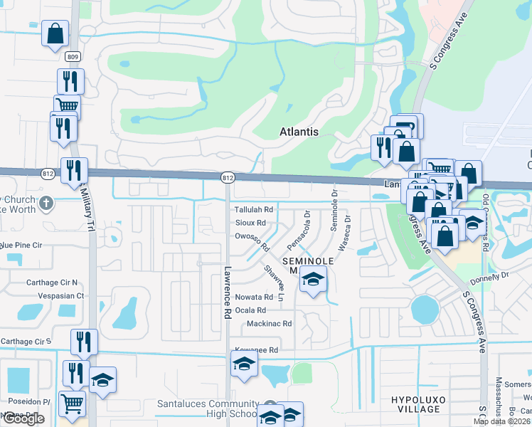 map of restaurants, bars, coffee shops, grocery stores, and more near 559 Sioux Road in Lake Worth