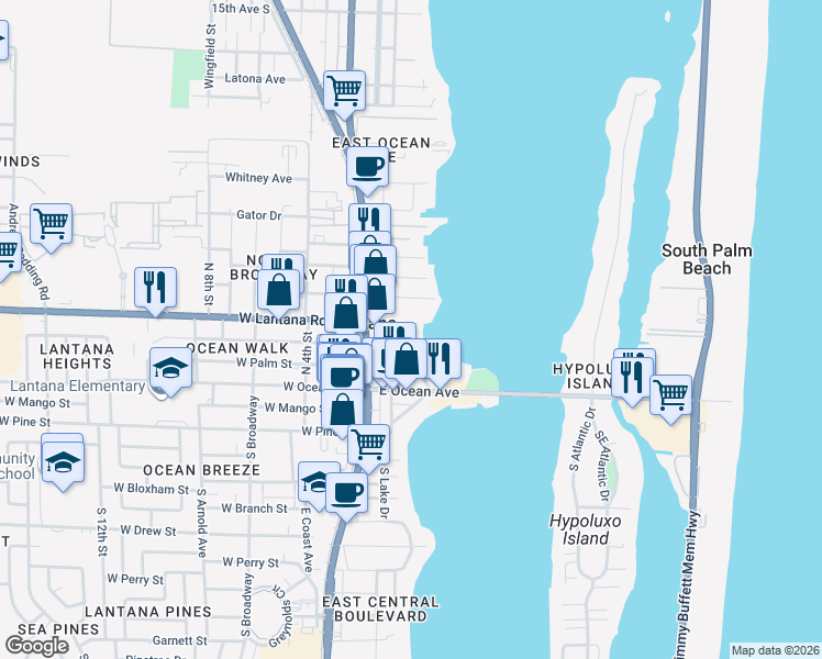 map of restaurants, bars, coffee shops, grocery stores, and more near 211 North Lake Drive in Lantana
