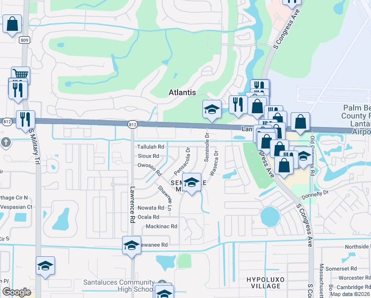 map of restaurants, bars, coffee shops, grocery stores, and more near 456 Pensacola Drive in Lake Worth