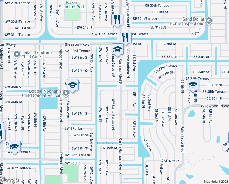 map of restaurants, bars, coffee shops, grocery stores, and more near 3515 Southwest Santa Barbara Place in Cape Coral