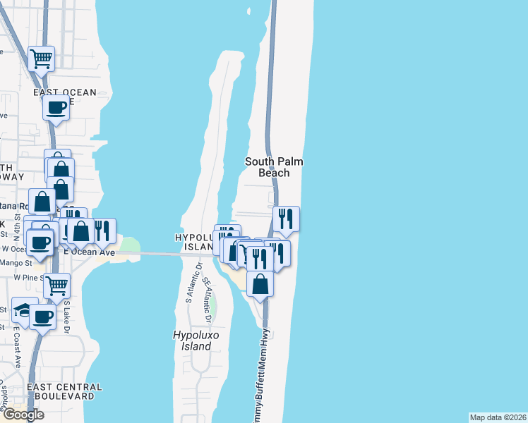 map of restaurants, bars, coffee shops, grocery stores, and more near 3605 South Ocean Boulevard in Palm Beach