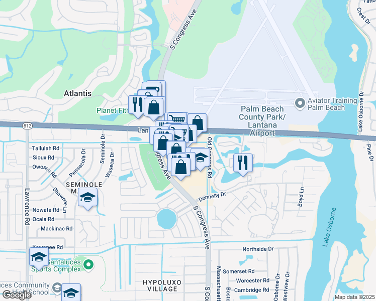 map of restaurants, bars, coffee shops, grocery stores, and more near 6192 South Congress Avenue in Atlantis