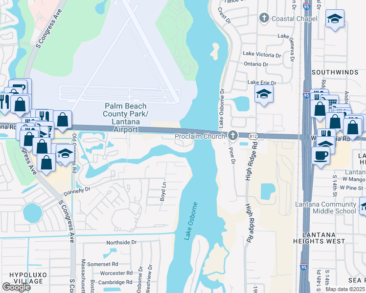 map of restaurants, bars, coffee shops, grocery stores, and more near 2231 Shimmery Lane in Lake Worth