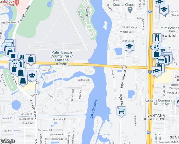 map of restaurants, bars, coffee shops, grocery stores, and more near 2251 Shimmery Lane in Lake Worth