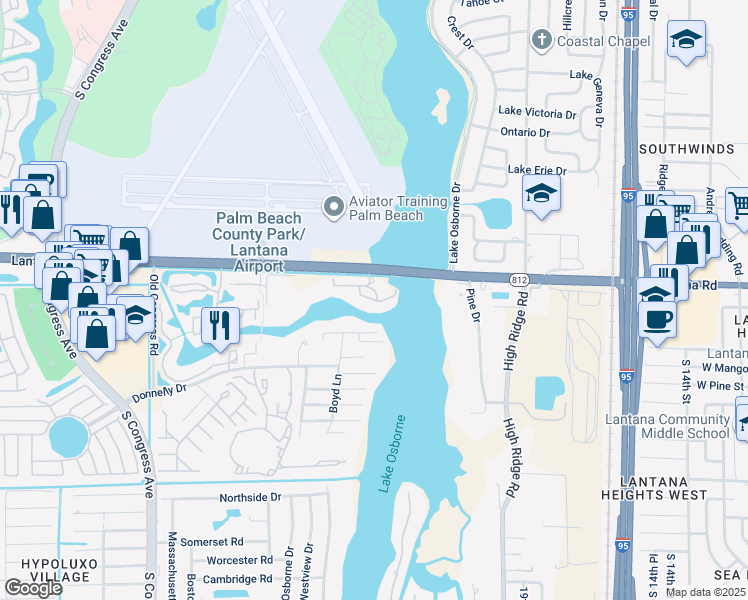map of restaurants, bars, coffee shops, grocery stores, and more near 2275 Shimmery Lane in Lake Worth