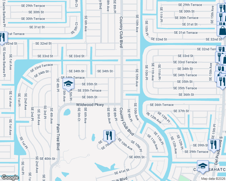 map of restaurants, bars, coffee shops, grocery stores, and more near 3514 Southeast 8th Place in Cape Coral