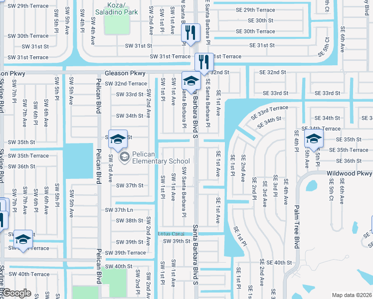 map of restaurants, bars, coffee shops, grocery stores, and more near 3515 Southwest Santa Barbara Place in Cape Coral