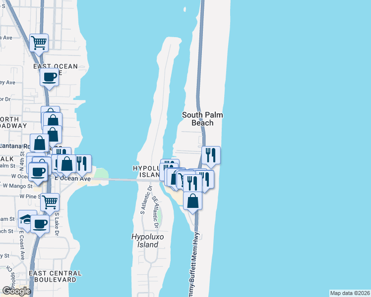 map of restaurants, bars, coffee shops, grocery stores, and more near 4501 South Ocean Boulevard in South Palm Beach