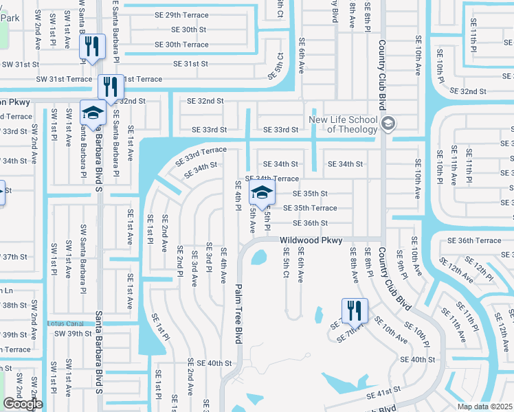 map of restaurants, bars, coffee shops, grocery stores, and more near 3529 Southeast 5th Avenue in Cape Coral