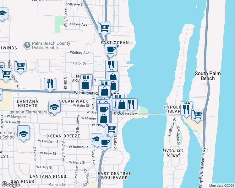 map of restaurants, bars, coffee shops, grocery stores, and more near 211 North Lake Drive in Lantana