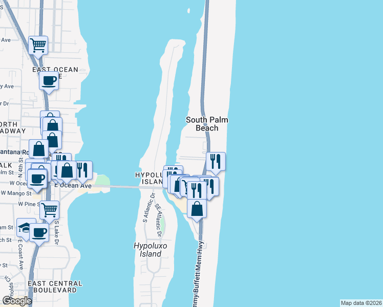 map of restaurants, bars, coffee shops, grocery stores, and more near 4001 South Ocean Boulevard in Palm Beach