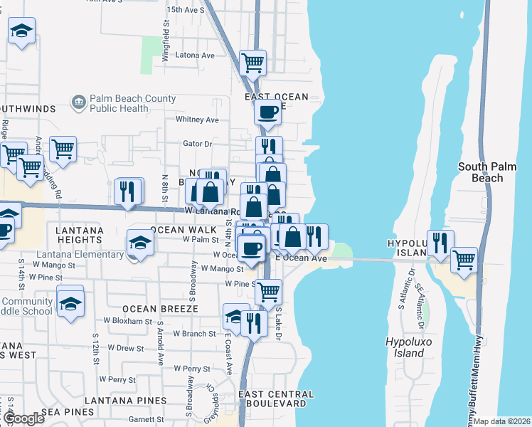 map of restaurants, bars, coffee shops, grocery stores, and more near in Lantana