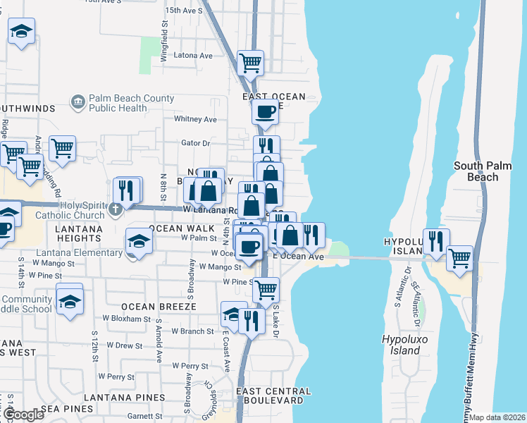map of restaurants, bars, coffee shops, grocery stores, and more near 7 Lantana Rd in Lake Worth