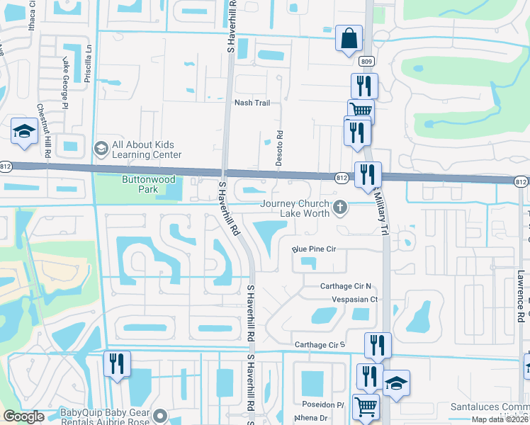 map of restaurants, bars, coffee shops, grocery stores, and more near Willoughby Circle in Lake Worth