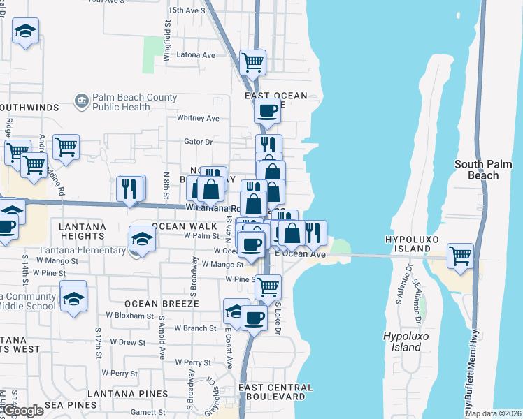 map of restaurants, bars, coffee shops, grocery stores, and more near in Lantana