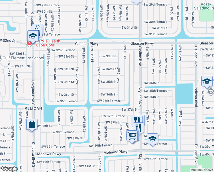 map of restaurants, bars, coffee shops, grocery stores, and more near 1001 Southwest 35th Terrace in Cape Coral