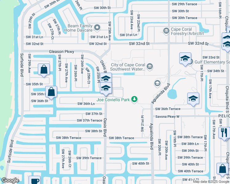 map of restaurants, bars, coffee shops, grocery stores, and more near 3507 Oasis Boulevard in Cape Coral