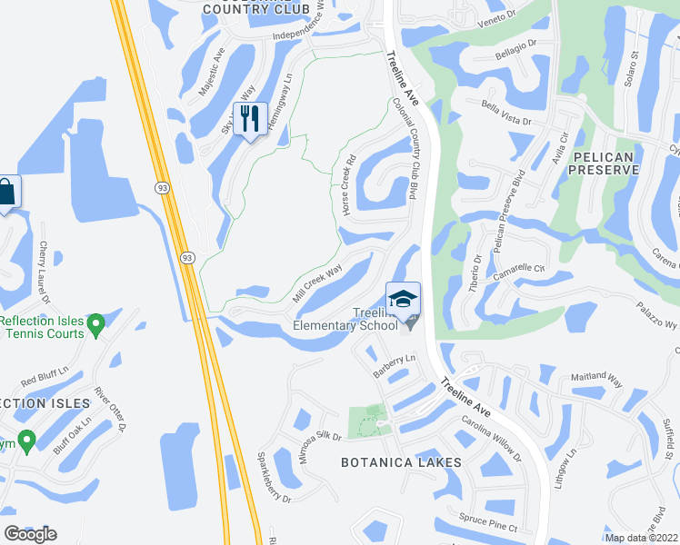 map of restaurants, bars, coffee shops, grocery stores, and more near 11024 Mill Creek Way in Fort Myers