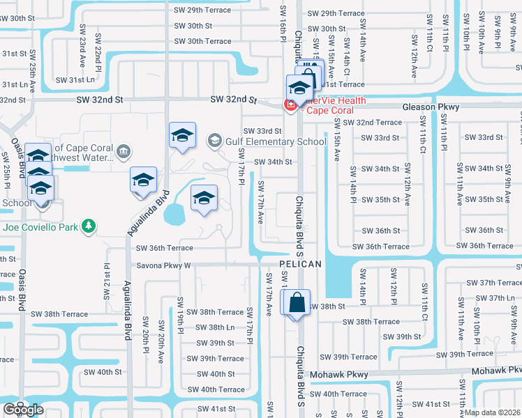 map of restaurants, bars, coffee shops, grocery stores, and more near 3504 Southwest 17th Avenue in Cape Coral