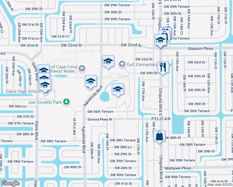 map of restaurants, bars, coffee shops, grocery stores, and more near 1809 Southwest 36th Terrace in Cape Coral