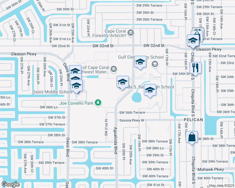 map of restaurants, bars, coffee shops, grocery stores, and more near 3500 Agualinda Boulevard in Cape Coral