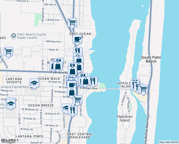 map of restaurants, bars, coffee shops, grocery stores, and more near 231 Lantana Road in Lantana