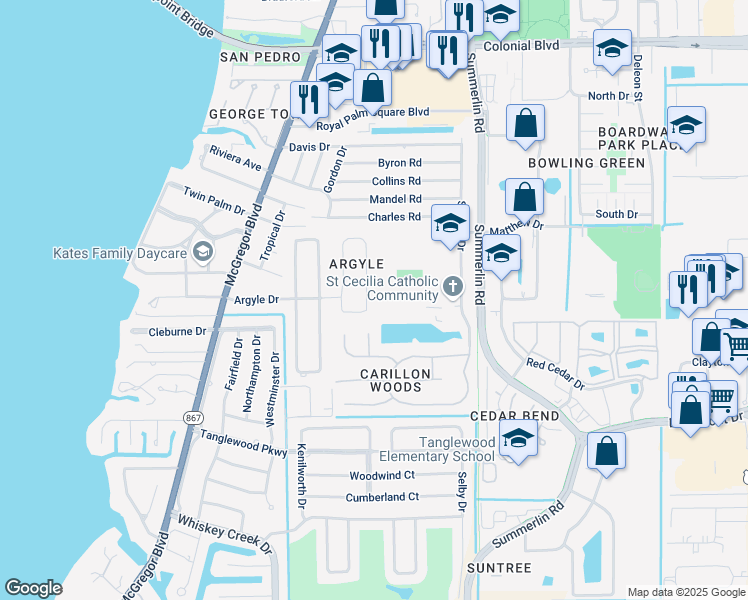 map of restaurants, bars, coffee shops, grocery stores, and more near 1480 Argyle Drive in Fort Myers
