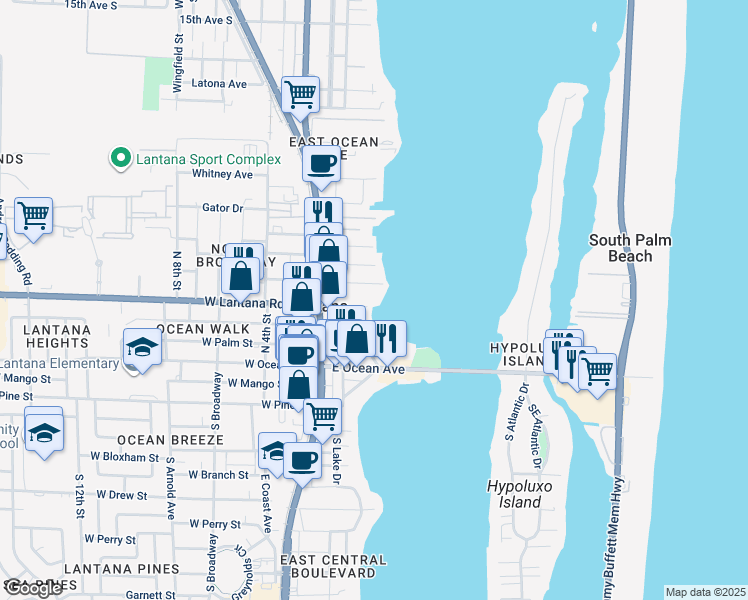 map of restaurants, bars, coffee shops, grocery stores, and more near 231 East Lantana Road in Lantana