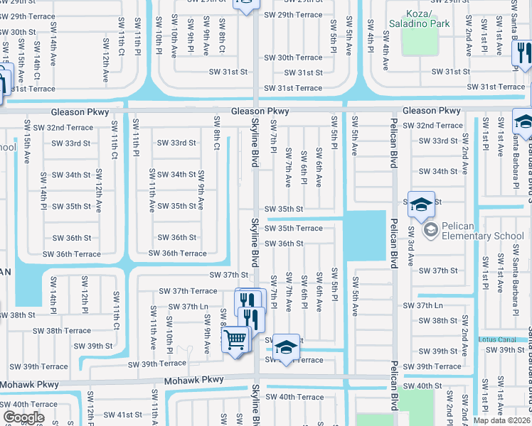 map of restaurants, bars, coffee shops, grocery stores, and more near 3434 Southwest 7th Place in Cape Coral