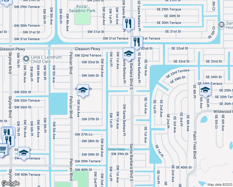 map of restaurants, bars, coffee shops, grocery stores, and more near 131 Southwest 35th Terrace in Cape Coral