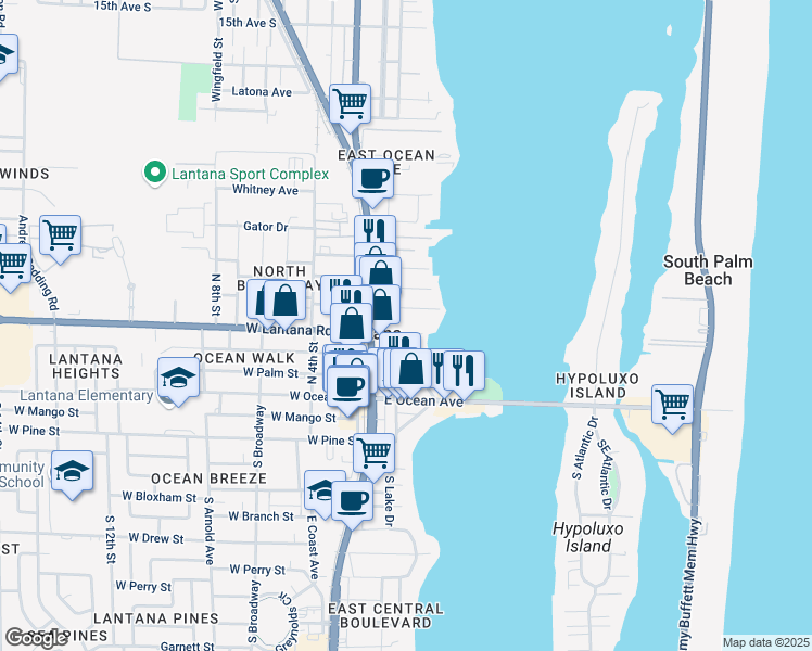 map of restaurants, bars, coffee shops, grocery stores, and more near 210 Croton Avenue in Lantana