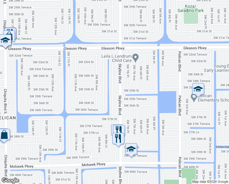 map of restaurants, bars, coffee shops, grocery stores, and more near 3431 Southwest 8th Place in Cape Coral