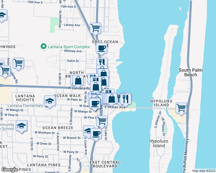 map of restaurants, bars, coffee shops, grocery stores, and more near 210 Croton Avenue in Lantana