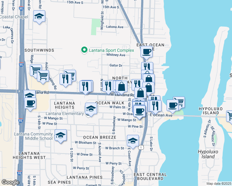 map of restaurants, bars, coffee shops, grocery stores, and more near 415 North Broadway in Lake Worth