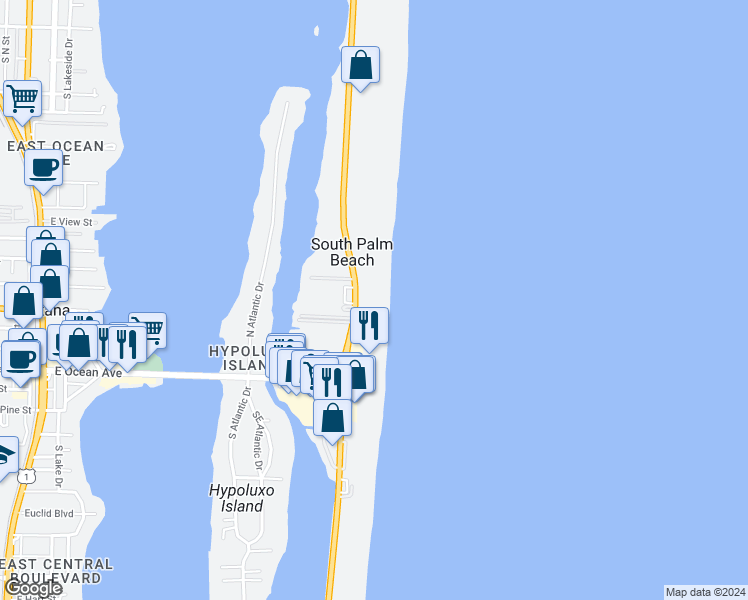 map of restaurants, bars, coffee shops, grocery stores, and more near 3610 South Ocean Boulevard in South Palm Beach