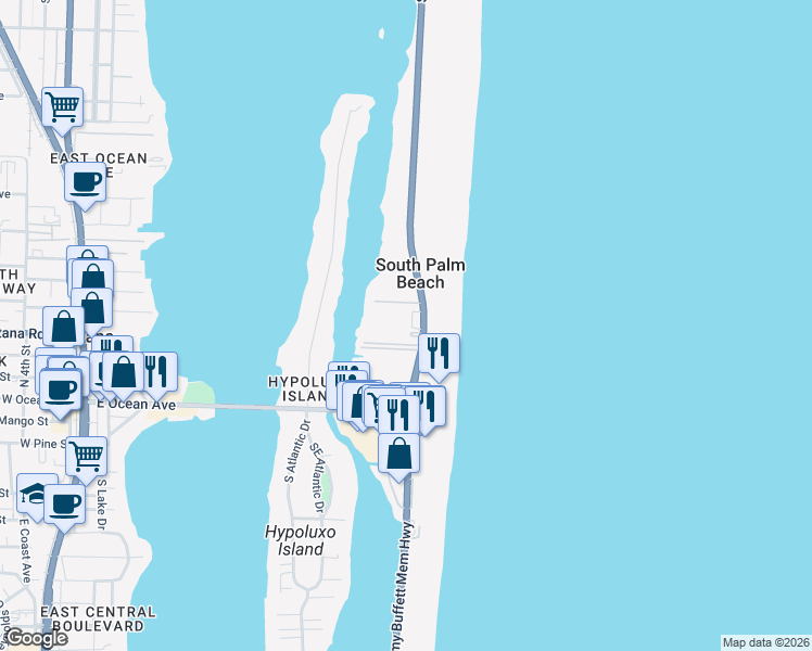 map of restaurants, bars, coffee shops, grocery stores, and more near 3610 South Ocean Boulevard in Palm Beach