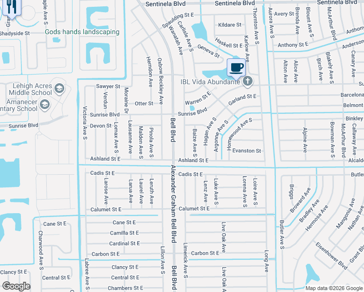 map of restaurants, bars, coffee shops, grocery stores, and more near 225 Bell Boulevard in Lehigh Acres