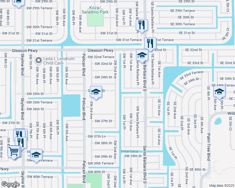 map of restaurants, bars, coffee shops, grocery stores, and more near 3429 Southwest 2nd Avenue in Cape Coral