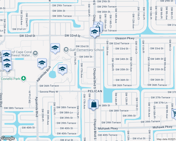 map of restaurants, bars, coffee shops, grocery stores, and more near 3514 Chiquita Boulevard South in Cape Coral