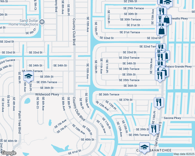 map of restaurants, bars, coffee shops, grocery stores, and more near 3502 Southeast 11th Avenue in Cape Coral