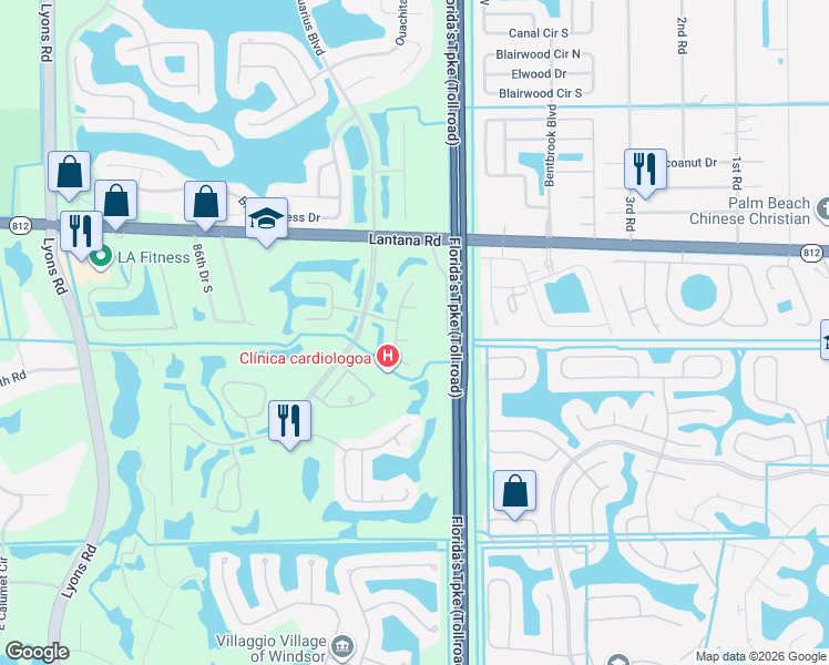 map of restaurants, bars, coffee shops, grocery stores, and more near 8072 Burlington Court in Lake Worth