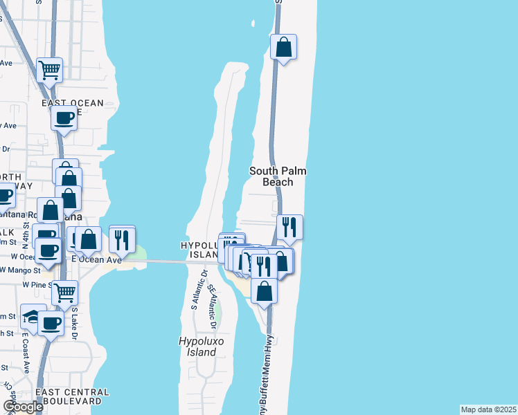 map of restaurants, bars, coffee shops, grocery stores, and more near 3605 South Ocean Boulevard in South Palm Beach