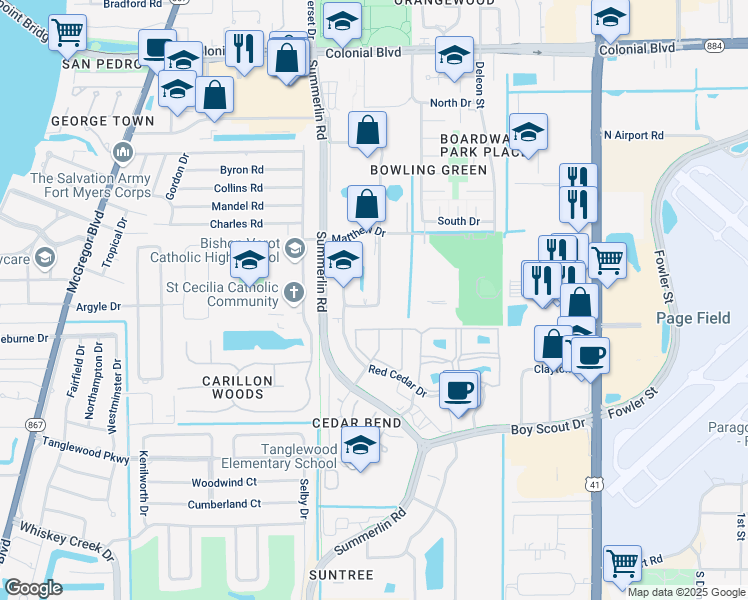 map of restaurants, bars, coffee shops, grocery stores, and more near 35 Barkley Circle in Fort Myers