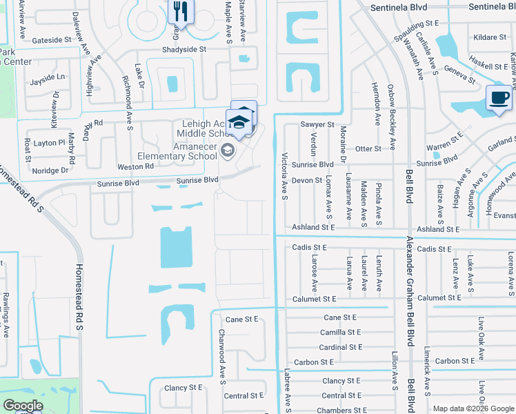 map of restaurants, bars, coffee shops, grocery stores, and more near 224 Victoria Avenue South in Lehigh Acres